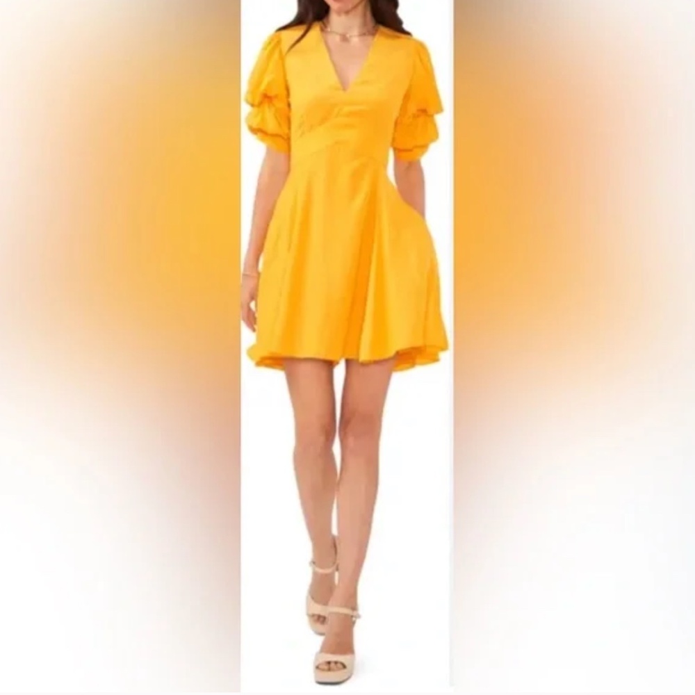 1.State - Orange Tiered Bubble-Sleeve V-Neck Mini Dress
